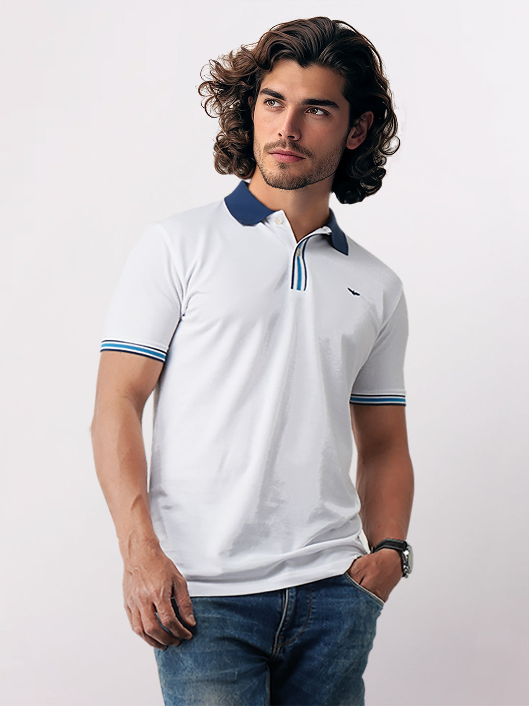 Men White Slim Fit Solid Cotton Polyester Blend Round Neck Collar Polo T-Shirt