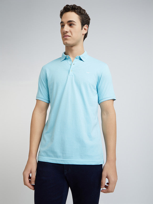 Men Blue Slim Fit Solid Cotton Polyester Blend Round Neck Collar Polo T-Shirt