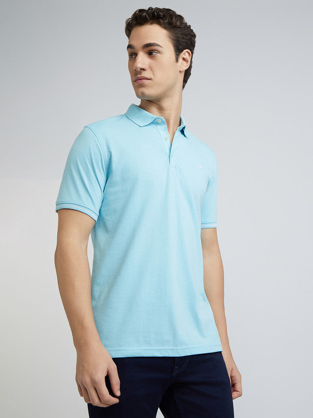 Men Blue Slim Fit Solid Cotton Polyester Blend Round Neck Collar Polo T-Shirt