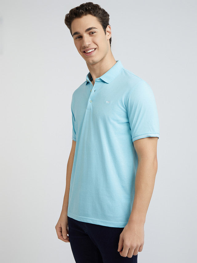 Men Blue Slim Fit Solid Cotton Polyester Blend Round Neck Collar Polo T-Shirt