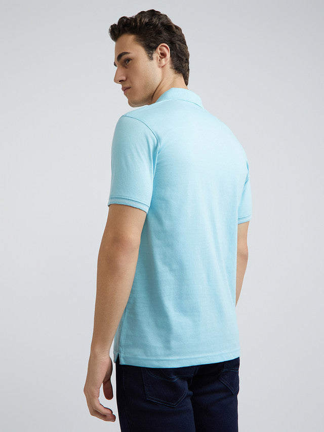 Men Blue Slim Fit Solid Cotton Polyester Blend Round Neck Collar Polo T-Shirt