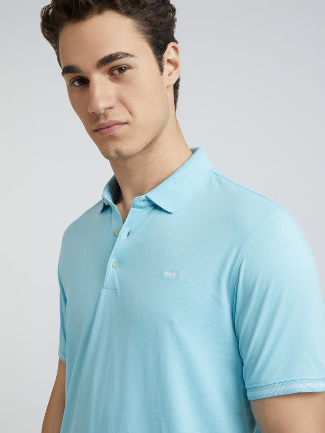 Men Blue Slim Fit Solid Cotton Polyester Blend Round Neck Collar Polo T-Shirt