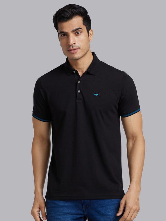 Park Avenue Black Solid Slim Fit Cotton Blend T-Shirt