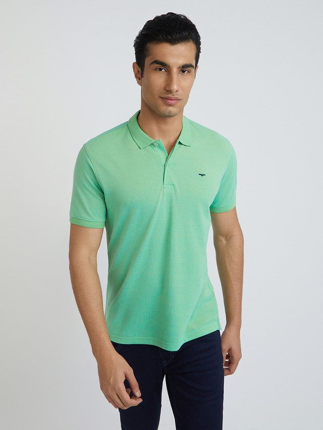 Men Petrol Slim Fit Two Tone Cotton Polyester Blend Round Neck Collar Polo T-Shirt