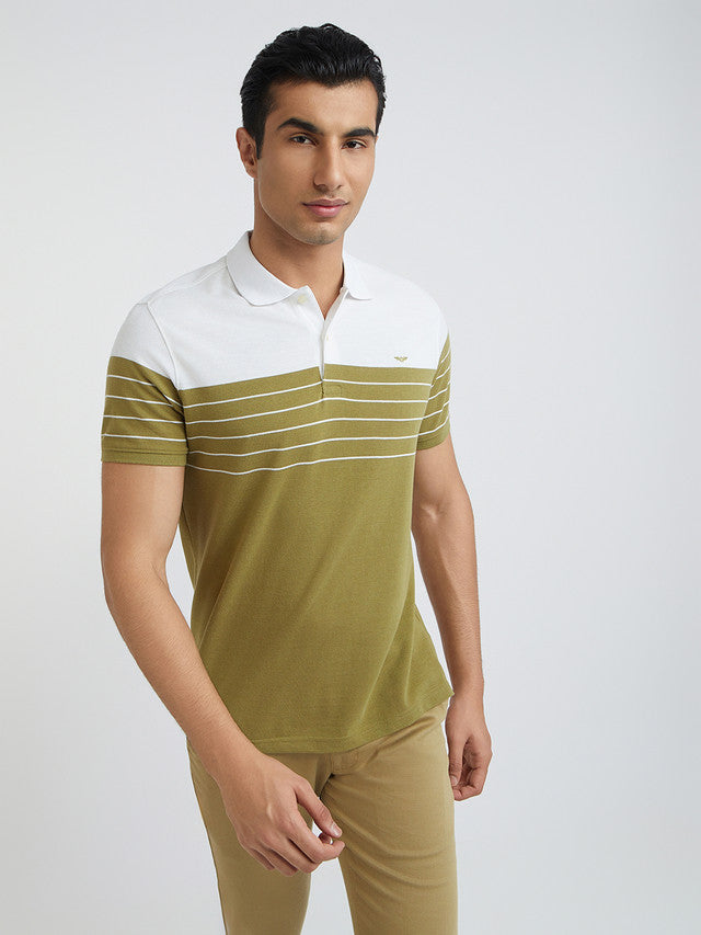 Men Khaki Slim Fit Stripe Cotton Polyester Blend Round Neck Collar Polo T-Shirt