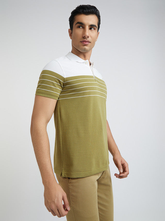 Men Khaki Slim Fit Stripe Cotton Polyester Blend Round Neck Collar Polo T-Shirt