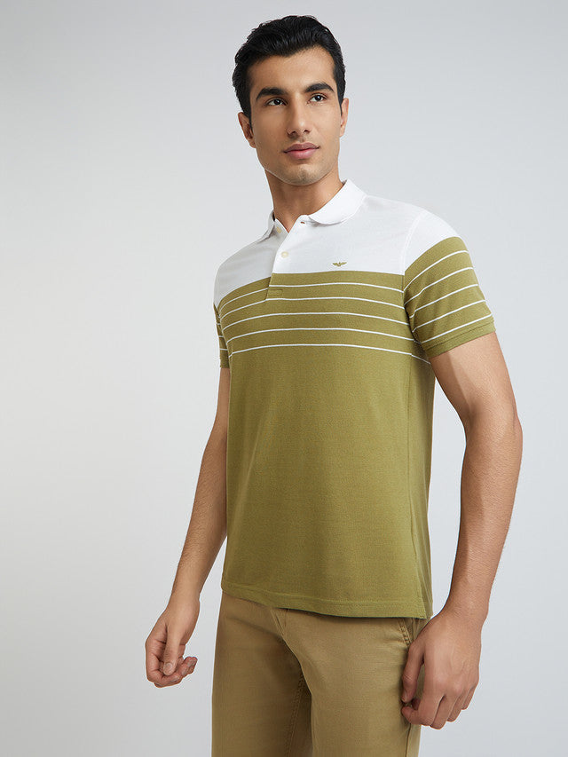 Men Khaki Slim Fit Stripe Cotton Polyester Blend Round Neck Collar Polo T-Shirt