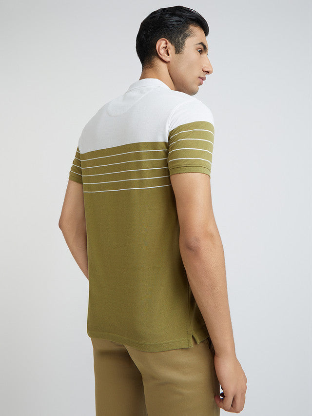 Men Khaki Slim Fit Stripe Cotton Polyester Blend Round Neck Collar Polo T-Shirt