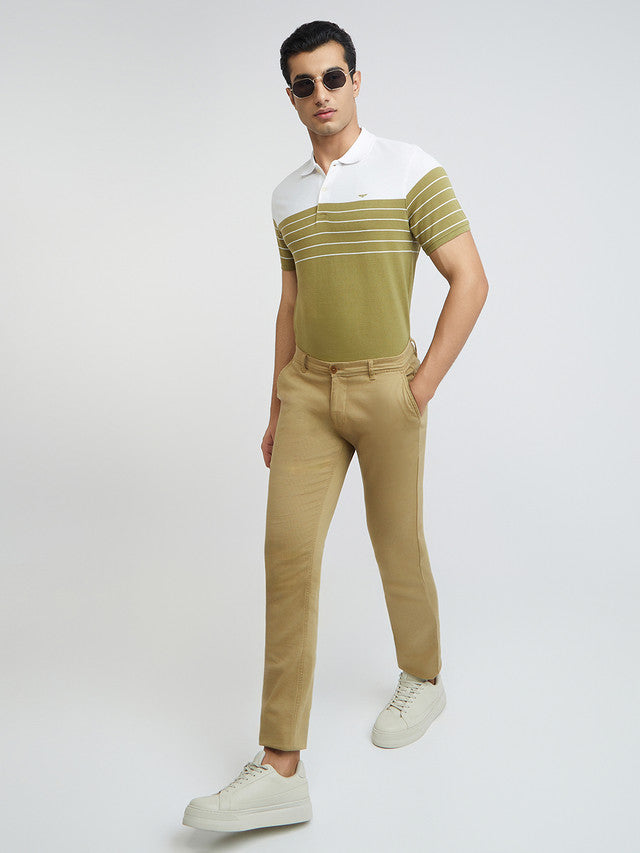 Men Khaki Slim Fit Stripe Cotton Polyester Blend Round Neck Collar Polo T-Shirt