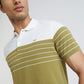 Men Khaki Slim Fit Stripe Cotton Polyester Blend Round Neck Collar Polo T-Shirt