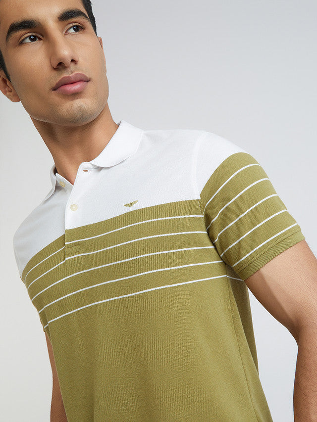 Men Khaki Slim Fit Stripe Cotton Polyester Blend Round Neck Collar Polo T-Shirt