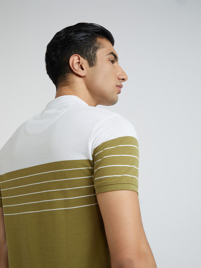 Men Khaki Slim Fit Stripe Cotton Polyester Blend Round Neck Collar Polo T-Shirt