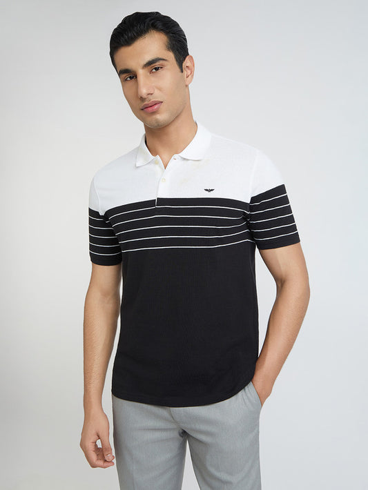 Men Black Slim Fit Stripe Cotton Polyester Blend Round Neck Collar Polo T-Shirt