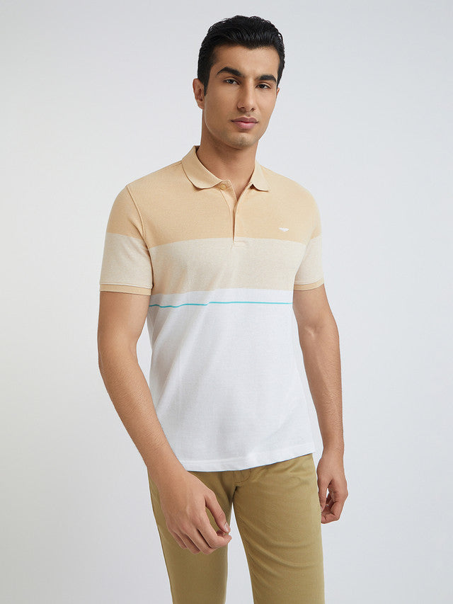 Men Fawn Slim Fit Stripe Cotton Polyester Blend Round Neck Collar Polo T-Shirt