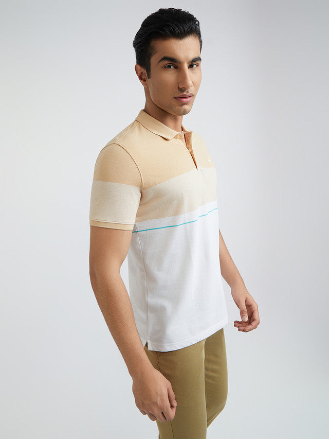 Men Fawn Slim Fit Stripe Cotton Polyester Blend Round Neck Collar Polo T-Shirt