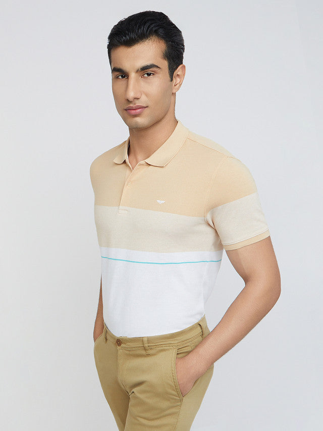 Men Fawn Slim Fit Stripe Cotton Polyester Blend Round Neck Collar Polo T-Shirt