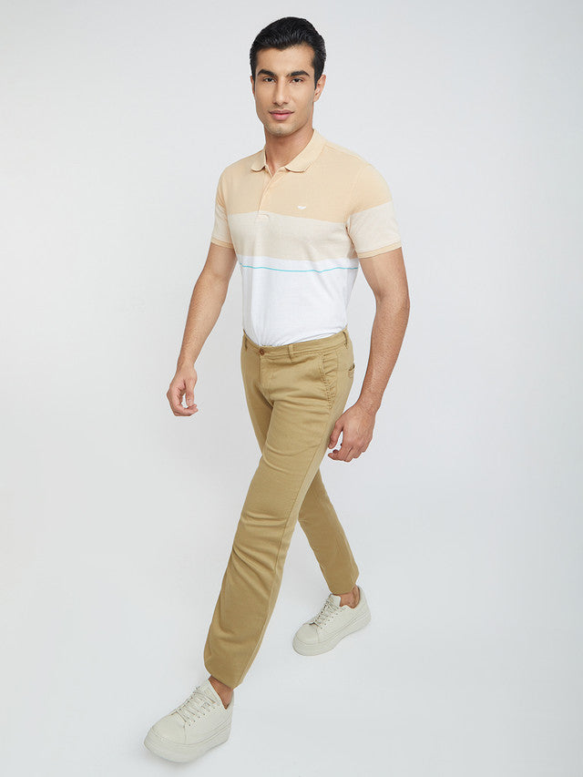 Men Fawn Slim Fit Stripe Cotton Polyester Blend Round Neck Collar Polo T-Shirt