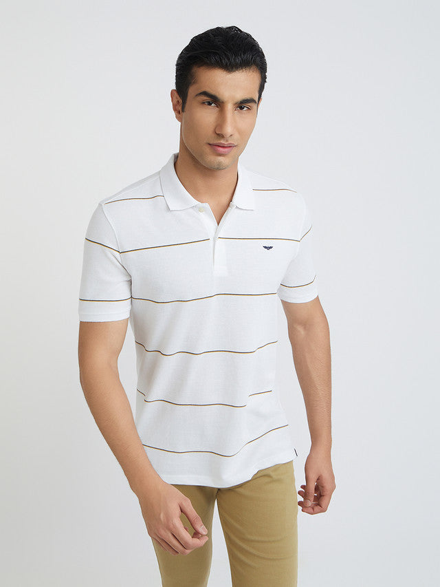 Men White Slim Fit Stripe Cotton Polyester Blend Round Neck Collar Polo T-Shirt