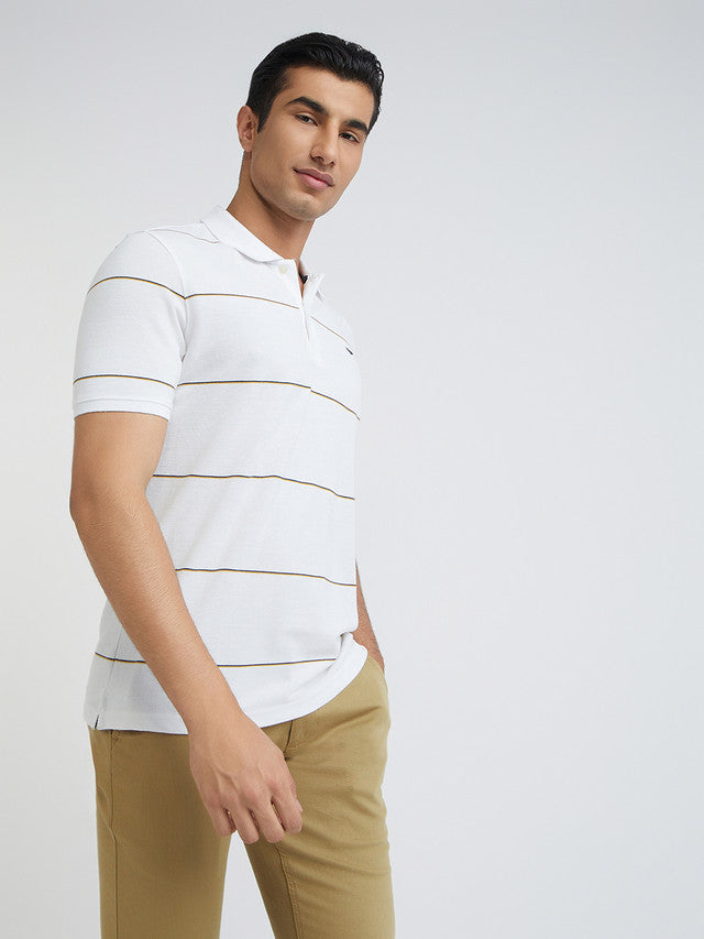 Men White Slim Fit Stripe Cotton Polyester Blend Round Neck Collar Polo T-Shirt