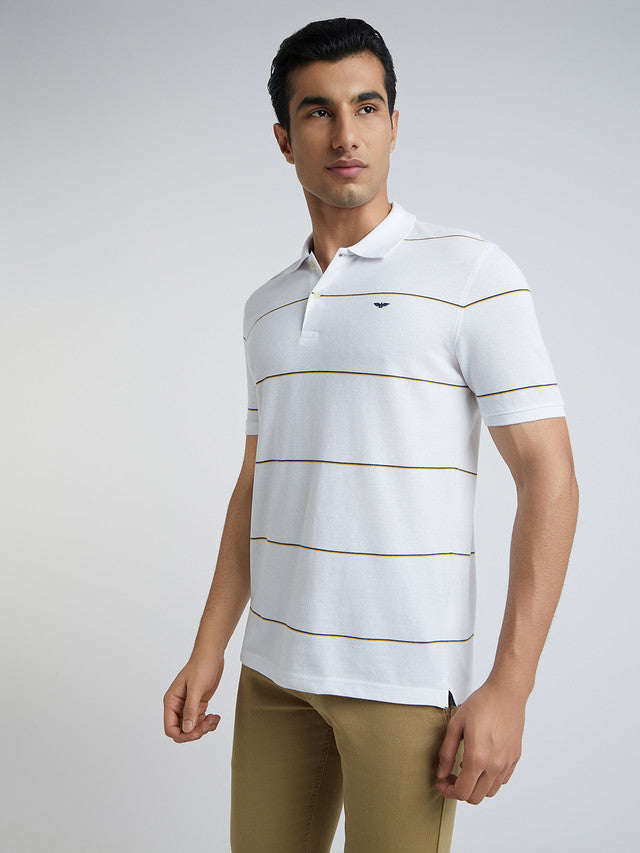 Men White Slim Fit Stripe Cotton Polyester Blend Round Neck Collar Polo T-Shirt