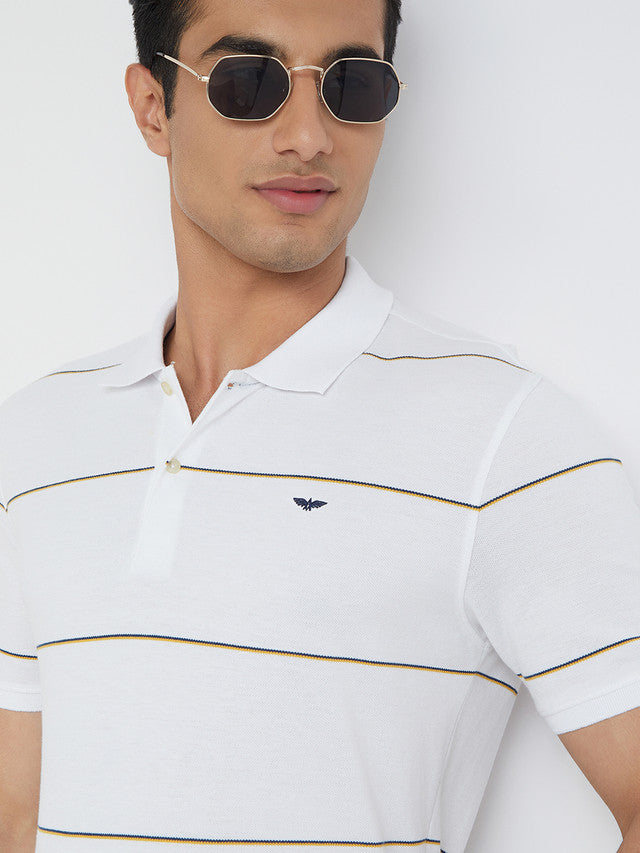 Men White Slim Fit Stripe Cotton Polyester Blend Round Neck Collar Polo T-Shirt