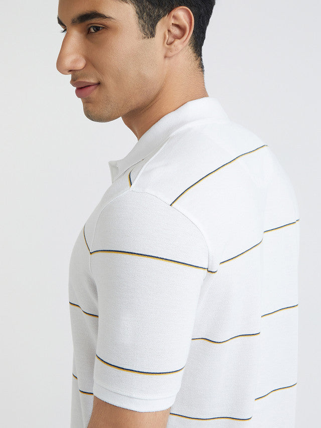 Men White Slim Fit Stripe Cotton Polyester Blend Round Neck Collar Polo T-Shirt