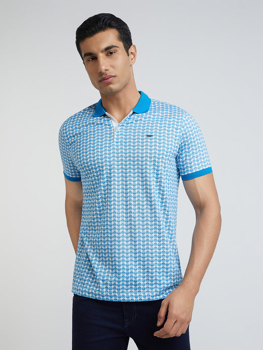 Men Blue Slim Fit Print Cotton Polyester Blend Round Neck Collar Polo T-Shirt