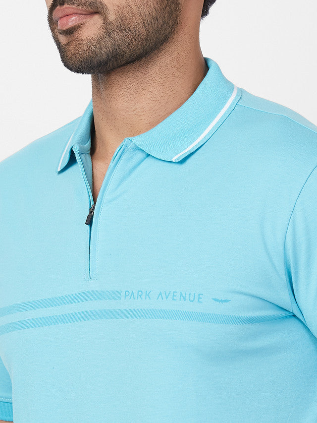 Park Avenue Blue Printed Slim Fit Cotton Blend T-Shirt