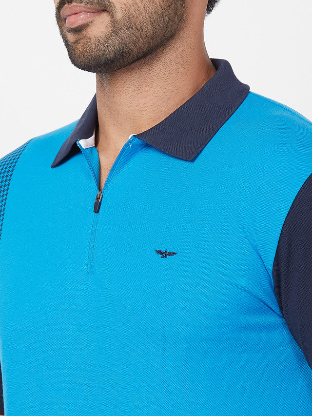 Park Avenue Men Blue Solid Slim Fit Half Sleeve Polo Neck T-Shirt