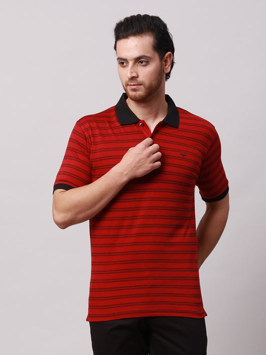 Park Avenue Red Stripe Slim Fit Half Sleeve Cotton Blend T-Shirt