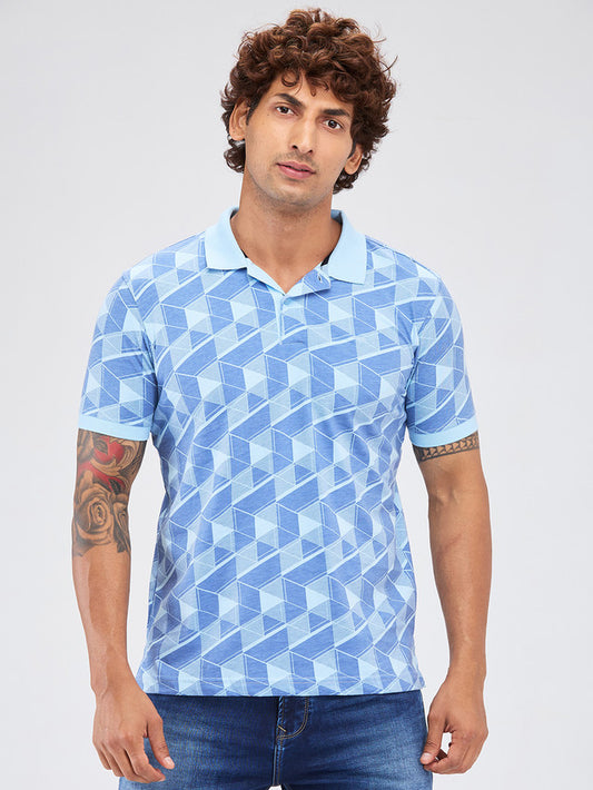 Park Avenue Blue Printed Slim Fit Cotton Blend T-Shirt