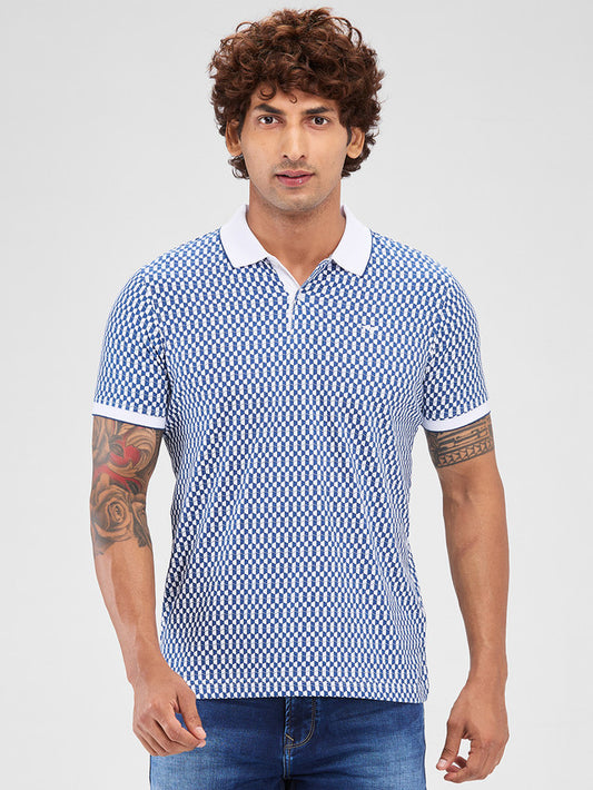 Park Avenue Blue Printed Slim Fit Cotton Blend T-Shirt