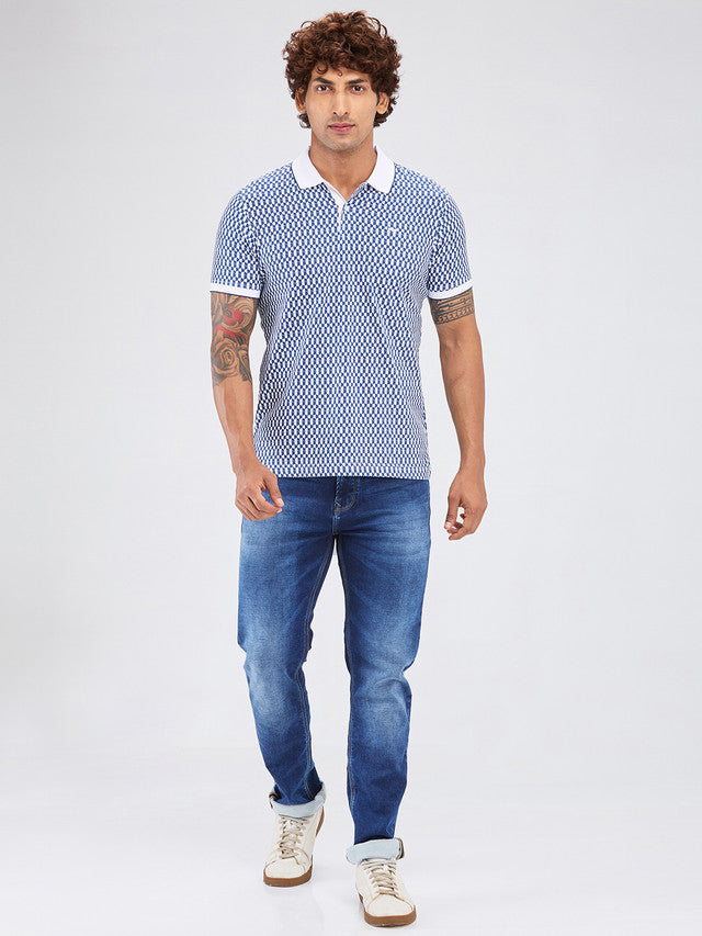Park Avenue Men Blue Slim Fit Printed Polo Neck Collar T-Shirt