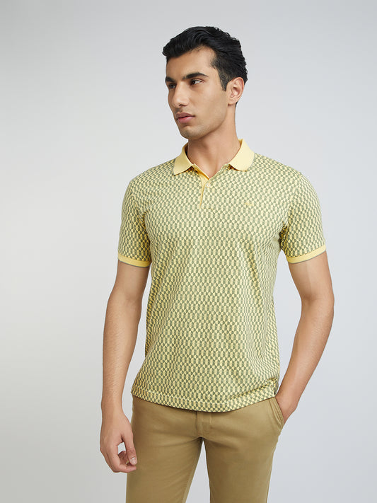 Park Avenue Yellow Printed Slim Fit Cotton Blend T-Shirt