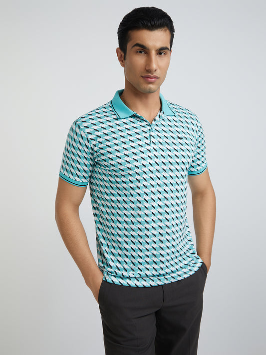 Park Avenue Blue Printed Slim Fit Cotton Blend T-Shirt