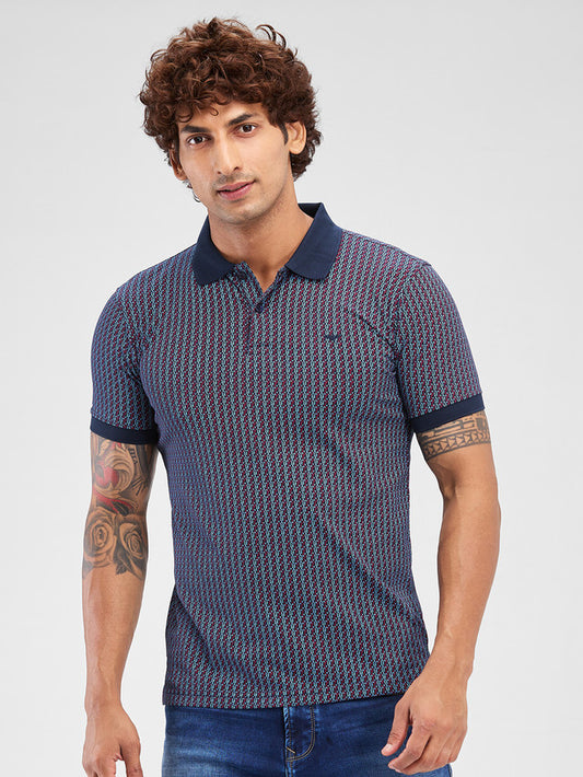 Park Avenue Blue Printed Slim Fit Cotton Blend T-Shirt