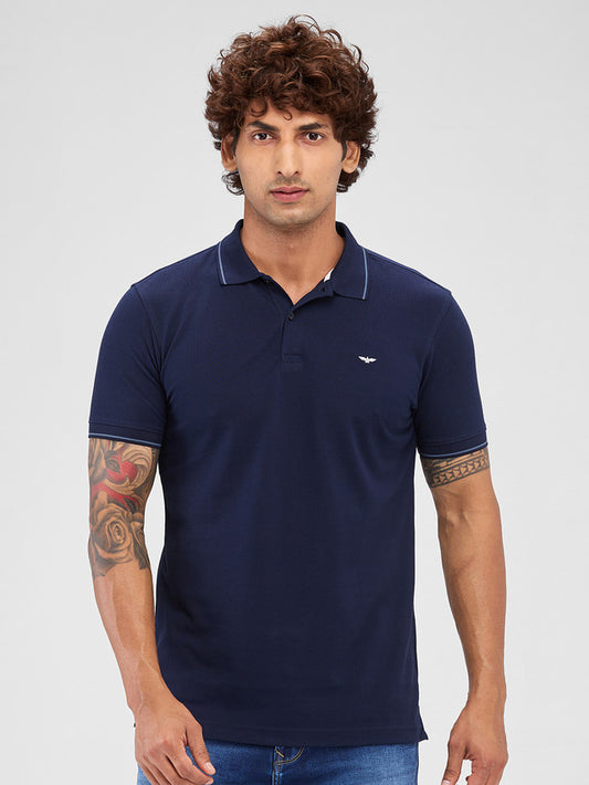 Park Avenue Blue Solid Slim Fit Cotton Blend T-Shirt