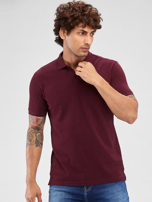 Park Avenue Maroon Solid Slim Fit Cotton Blend T-Shirt