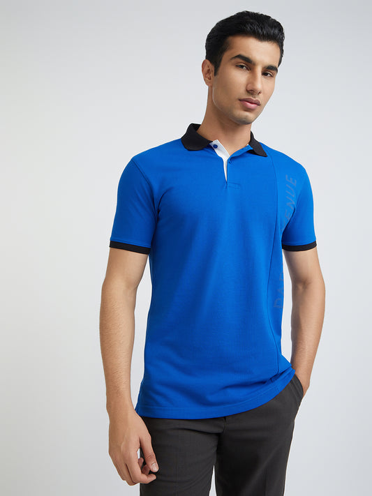 Park Avenue Blue Solid Slim Fit Cotton Blend T-Shirt