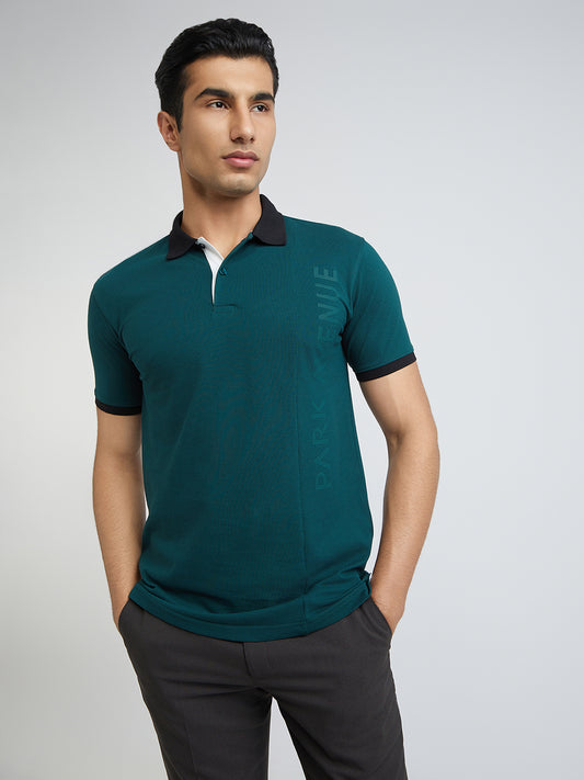 Park Avenue Green Solid Slim Fit Cotton Blend T-Shirt