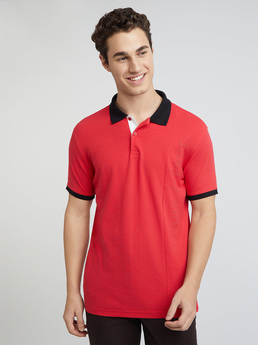 Park Avenue Red Solid Slim Fit Cotton Blend T-Shirt