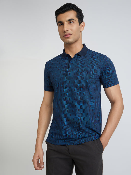 Park Avenue Blue Printed Slim Fit Cotton Blend T-Shirt