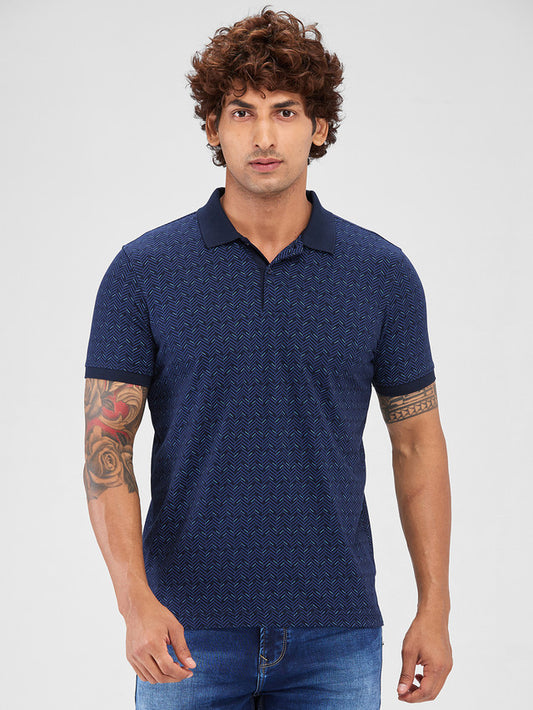 Park Avenue Blue Printed Slim Fit Cotton Blend T-Shirt