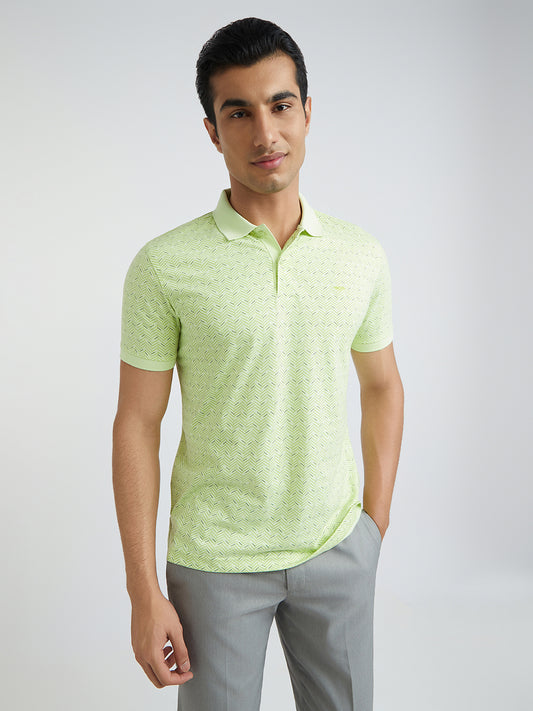 Park Avenue Green Printed Slim Fit Cotton Blend T-Shirt