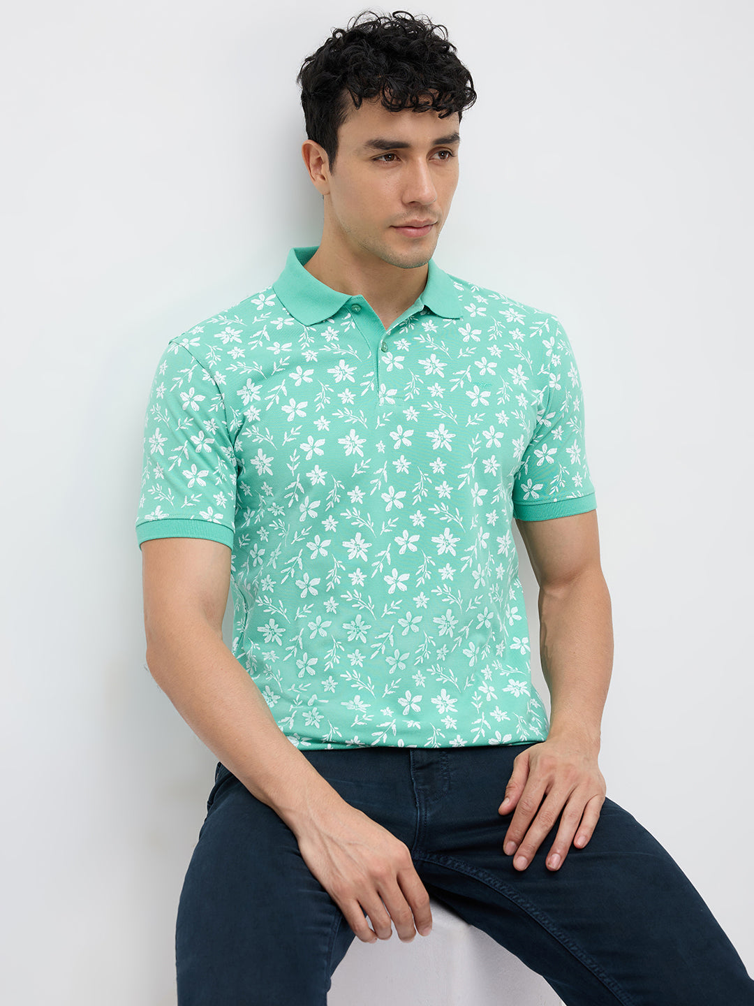 Park Avenue Men Green Slim Fit Print Polo Neck Collar T-shirt