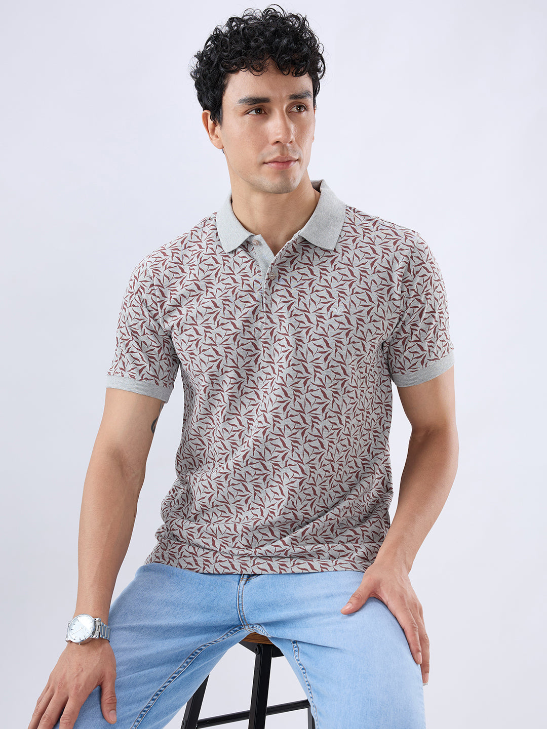 Park Avenue Men Grey Slim Fit Print Polo Neck Collar T-shirt