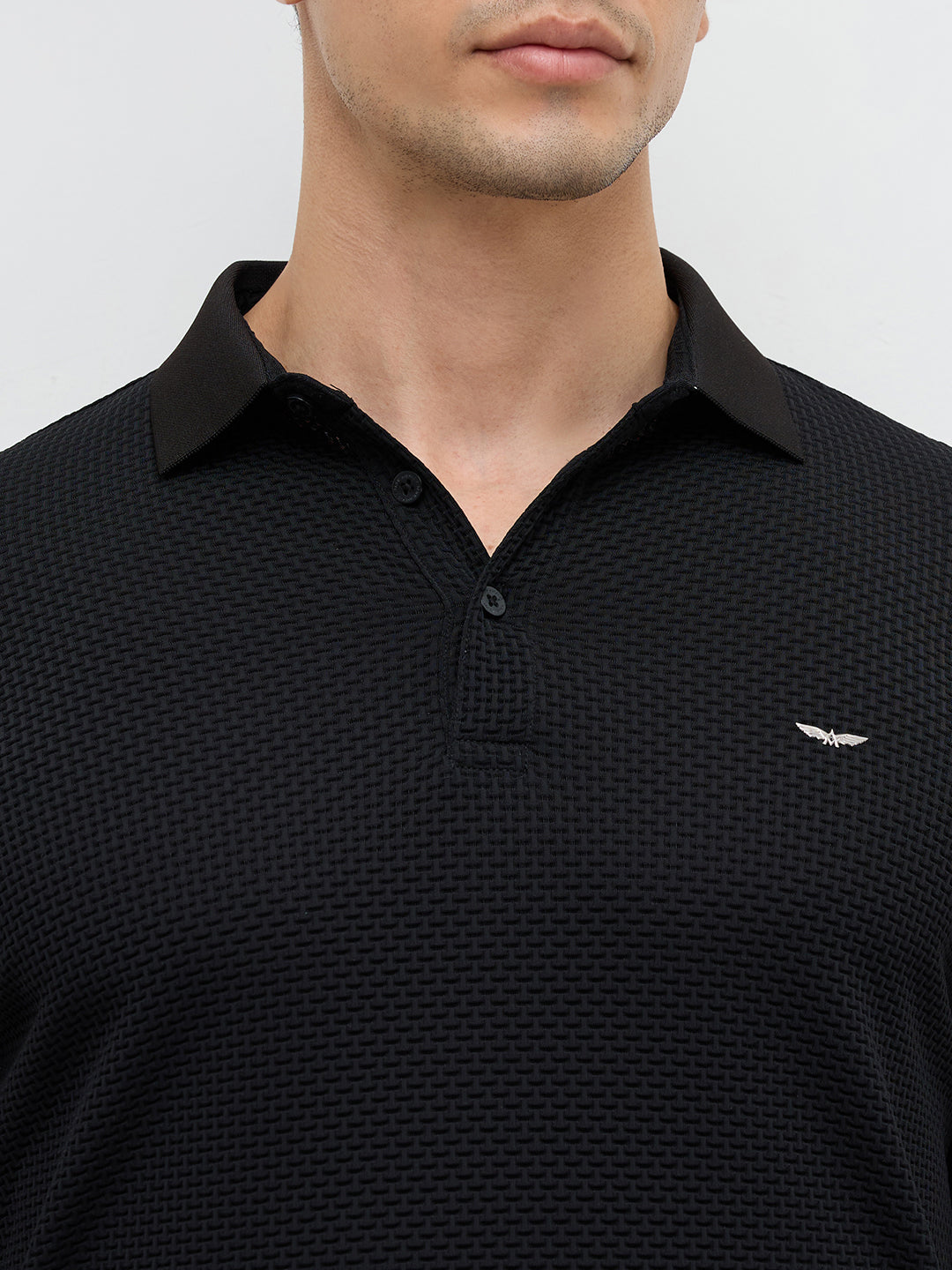 Park Avenue Men Black Slim Fit Structure Polo Neck Collar T-shirt