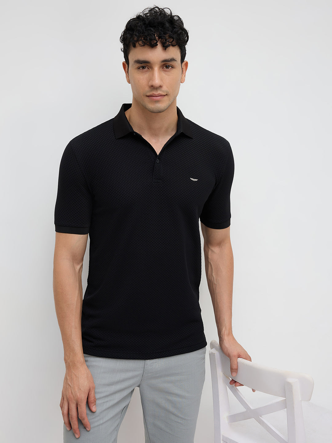 Park Avenue Men Black Slim Fit Structure Polo Neck Collar T-shirt