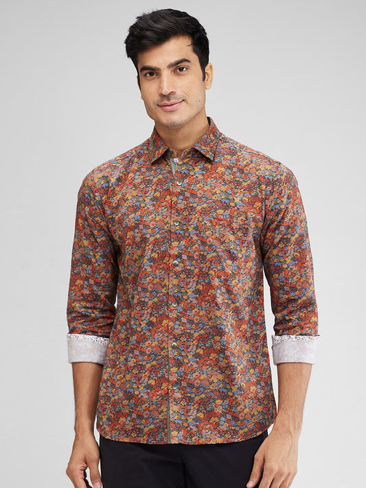 Park Avenue Orange Printed Slim Fit Cotton Casual Shirt