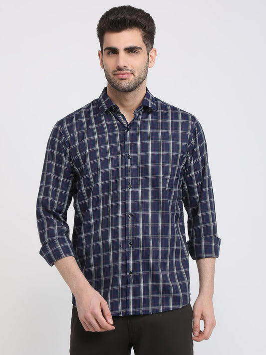 Park Avenue Men Blue Checks Slim Fit Polyester Blend Casual Shirt